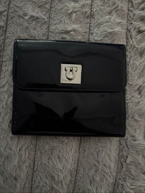 Salvatore Ferragamo Black Patent Leather Wallet with Silver Hardware